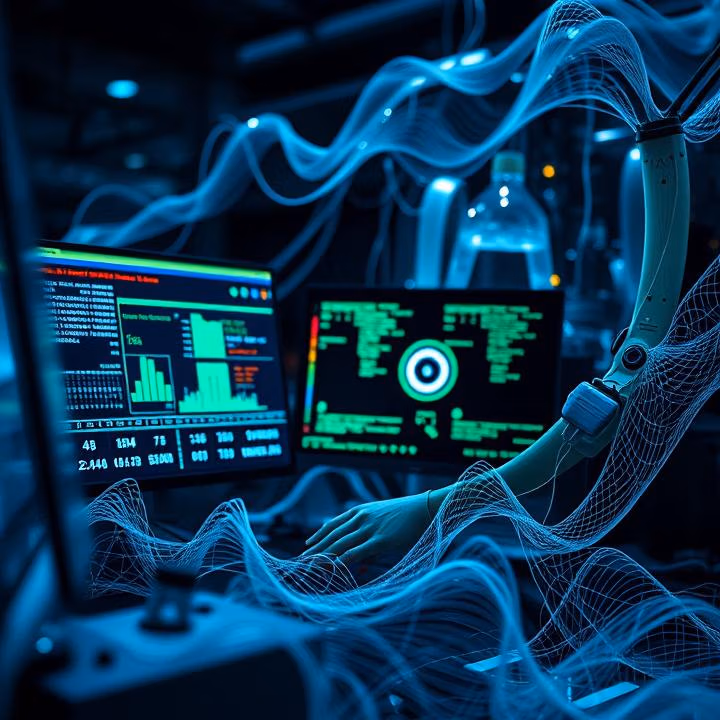 Futuristic web development interface with glowing screens and data visualizations surrounded by flowing digital streams.