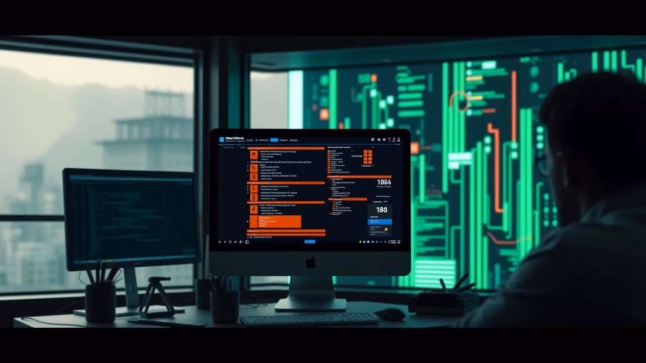 High-tech data analysis workspace with multiple monitors displaying complex information, set against a backdrop of city skyline and futuristic green data visualization. Modern office setup ideal for financial trading, cybersecurity, or tech industry professionals. #DataAnalysis #TechWorkspace #CyberpunkOffice #UrbanTechnology
