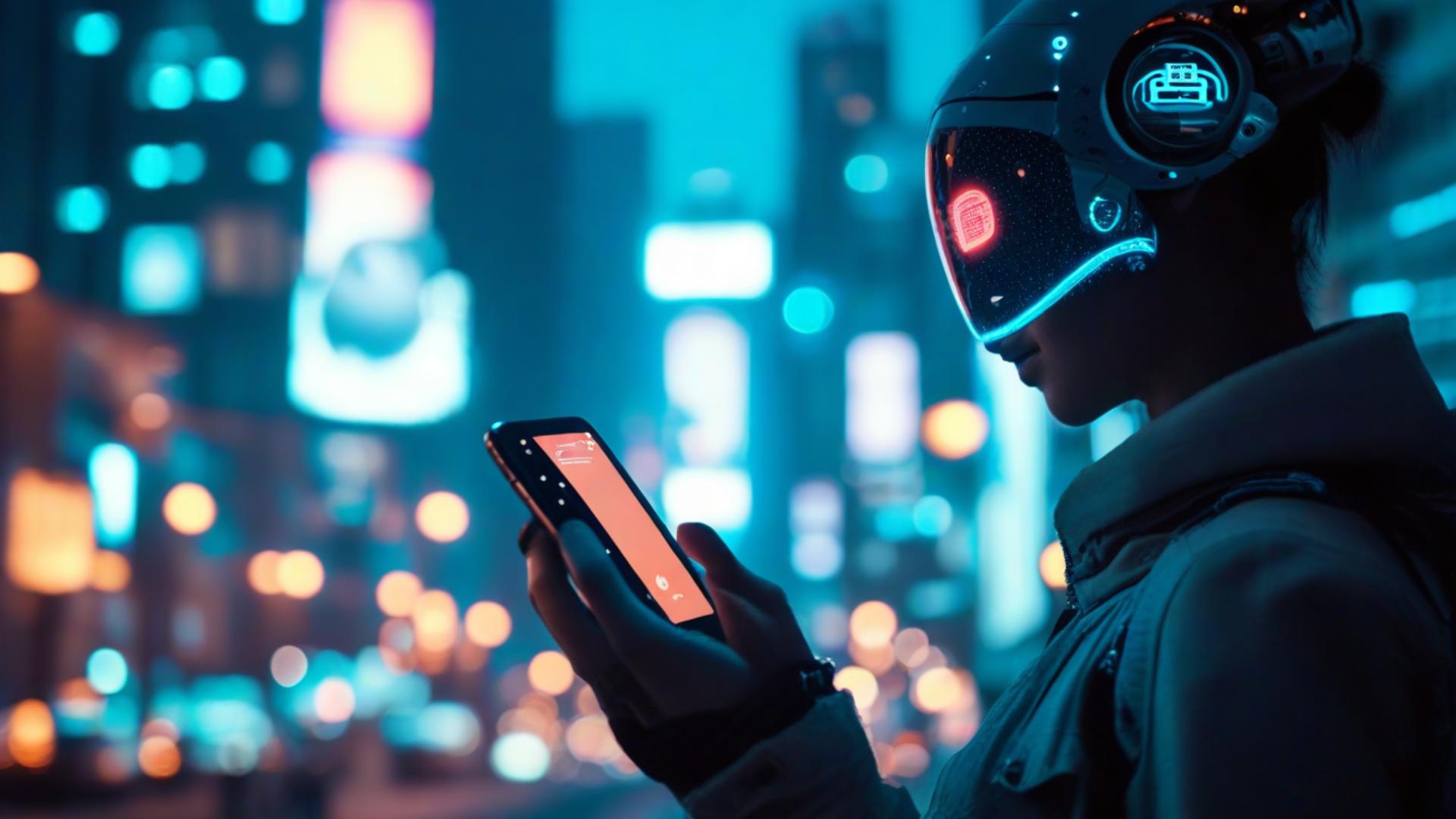 Nerdware presents a futuristic vision: An android engages with a smartphone amidst a neon-lit cityscape, symbolizing the harmonious blend of artificial intelligence and human life, powered by cutting-edge software solutions